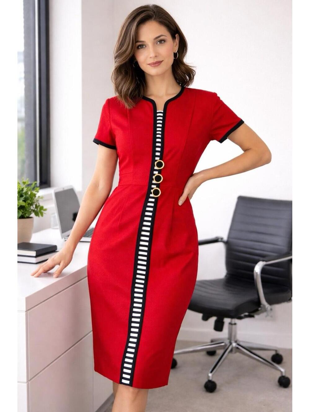 VTG Julian Taylor Red Dress Womens 8 10 Midi Nautical Black Stripes Short Sleeve